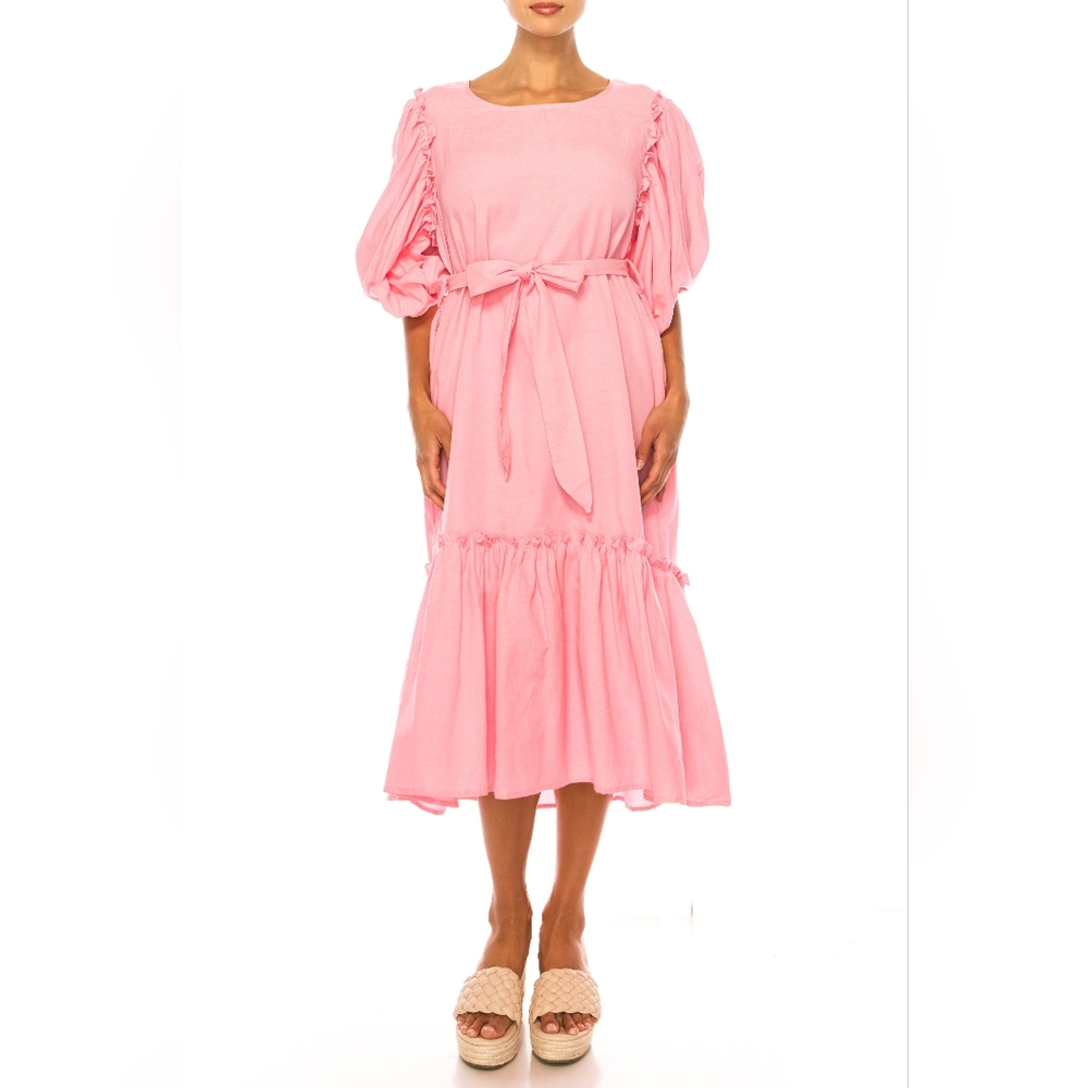Vivid Short Puff Sleeve Belted Tiered Skirt Dress(dr24620)